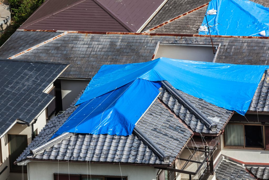 Houses with tiled roof covered by blue sheet after hurricane